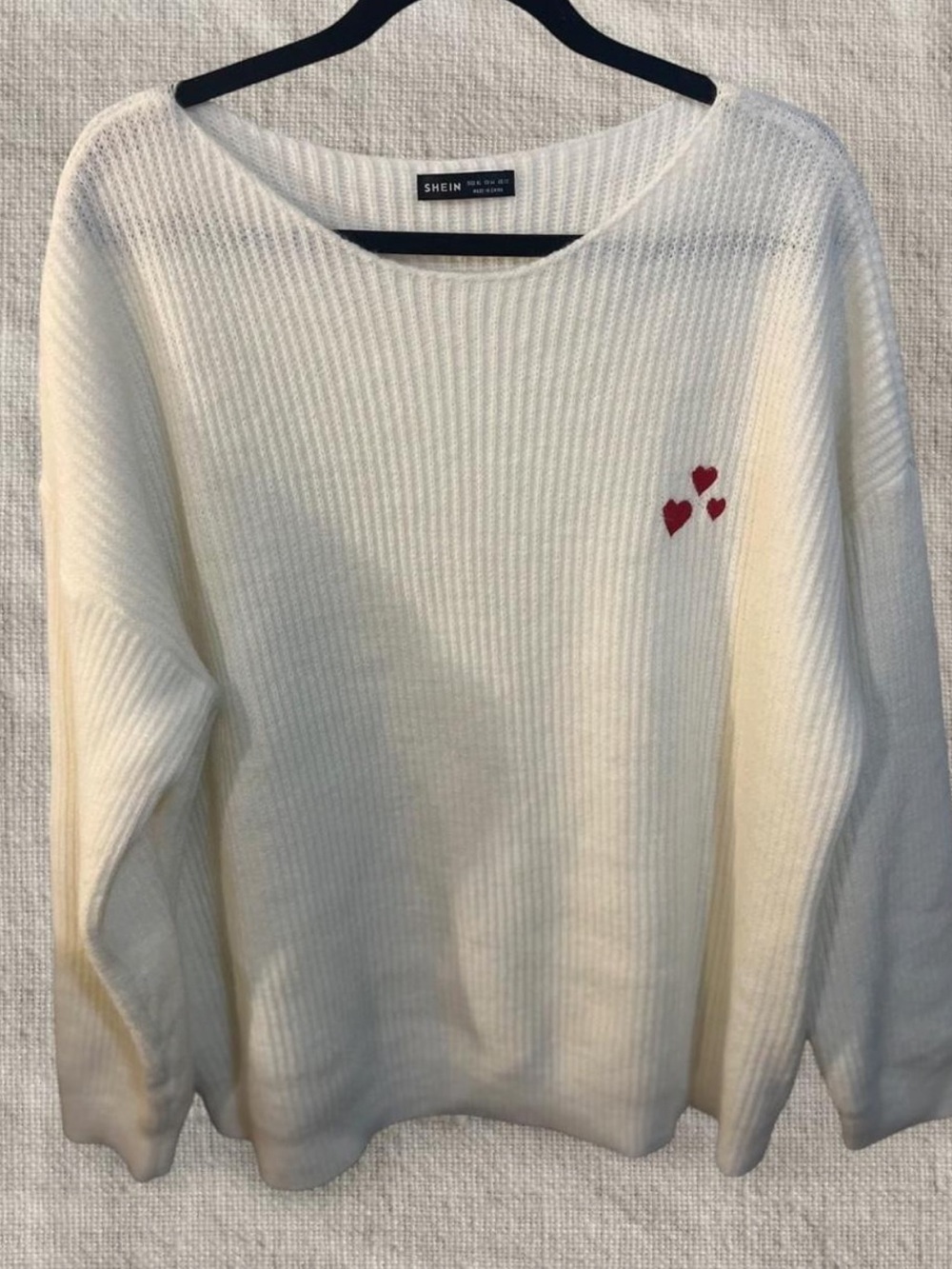 SHEIN Cream Ribbed Crewneck Sweater with Embroidered Red Heart Detail